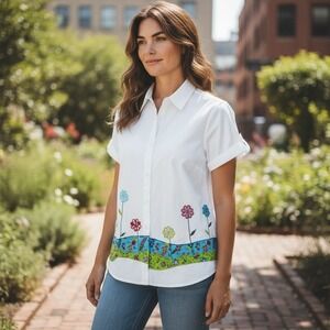 VTG White Stag Embroidered Cotton Shirt Flowers Garden Patchwork Size 16W